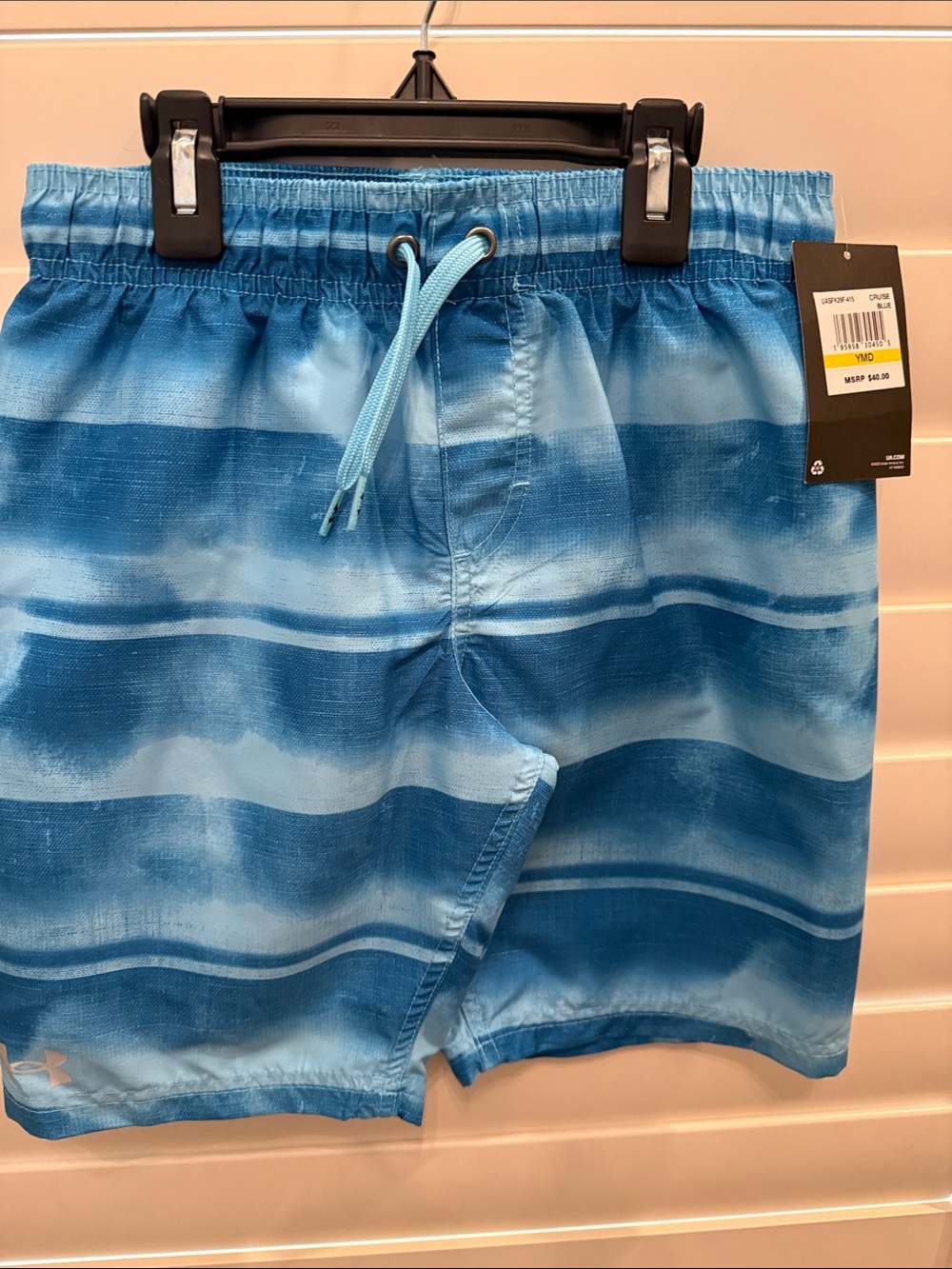 Under Armour Men's Blue Wave-Stripe Athletic Swim Shorts